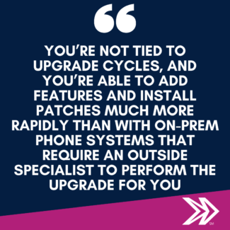 You’re not tied to upgrade cycles, and you’re able to add features and install patches much more rapidly than with on-prem phone systems that require an outside specialist to perform the upgrade for you